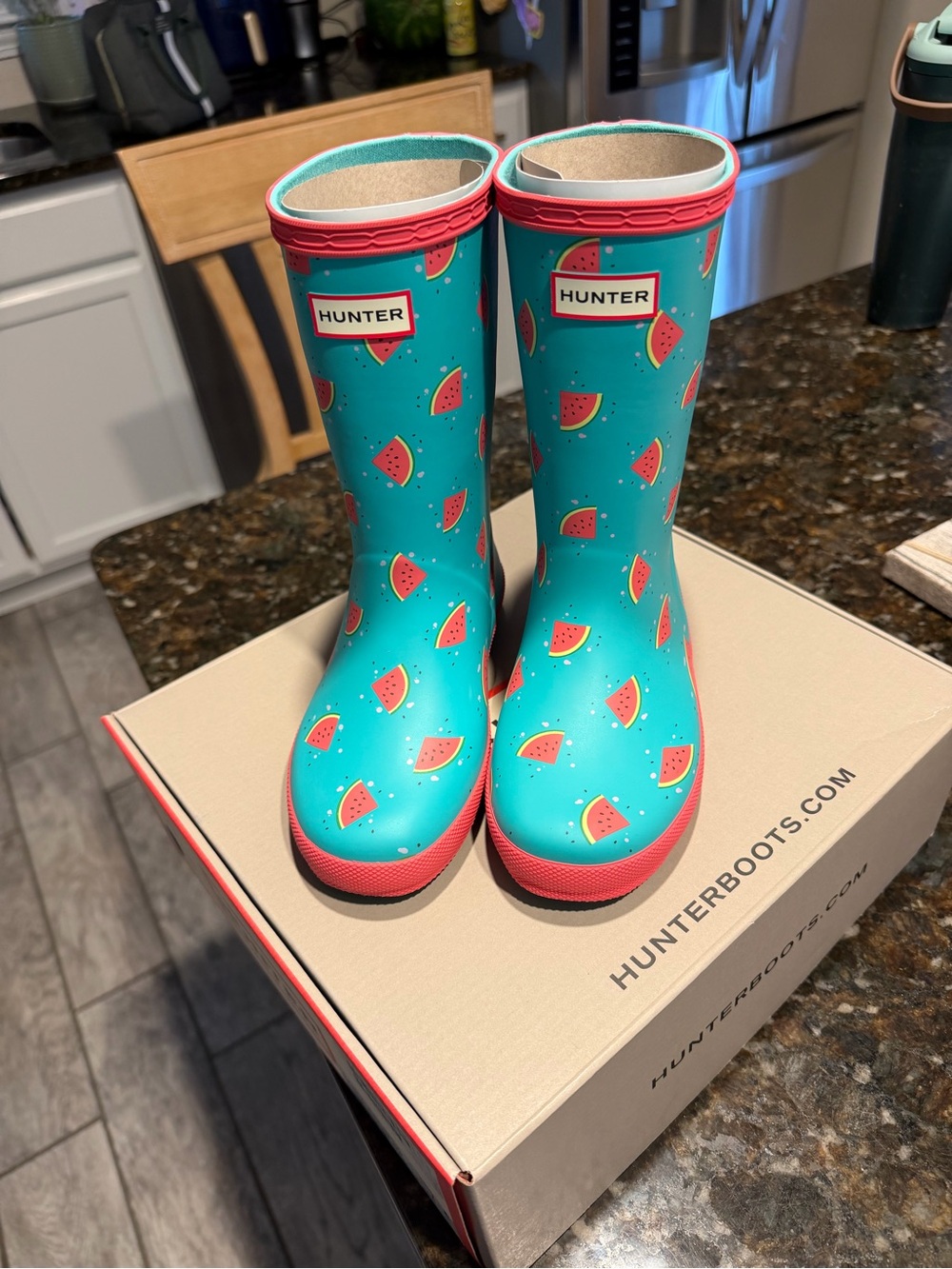 Hunter Teal Rain Boots with Pink Watermelon Print